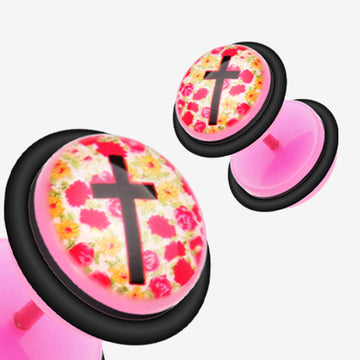 A Pair of Floral Cross Acrylic Faux Gauge Plug Earring-Pink/Fuchsia